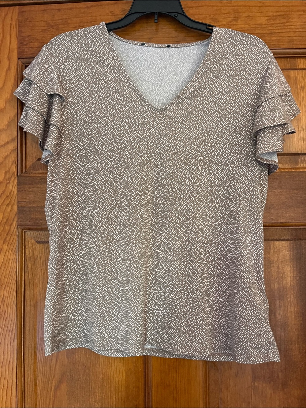 Adrianna Papell Taupe Dot V-Neck Ruffle Sleeve Top